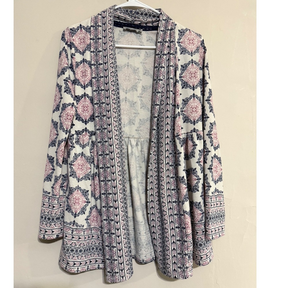 y2k Dalia Open Front Geometric Print Cardigan Kimono Women M Cozy Boho Coastal